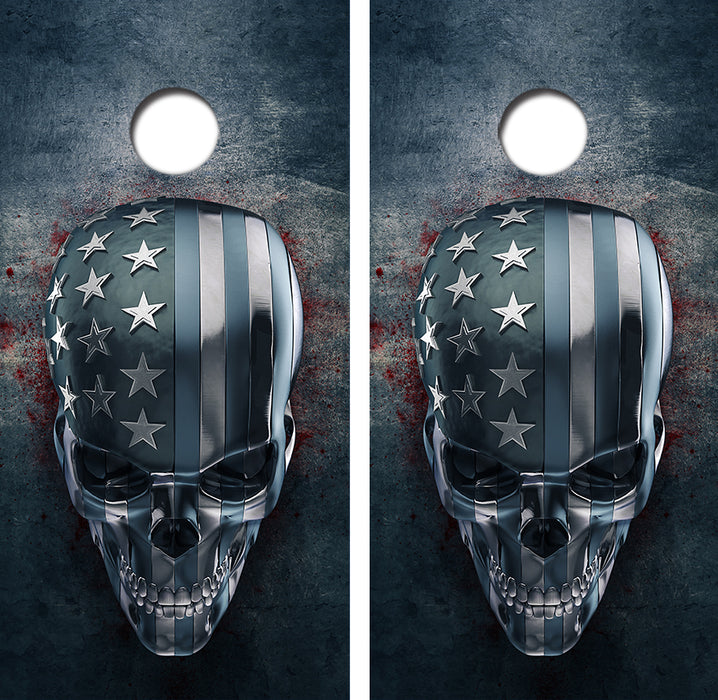 Chrome Skull American Flag Cornhole Wrap Decal with Free Laminate Included