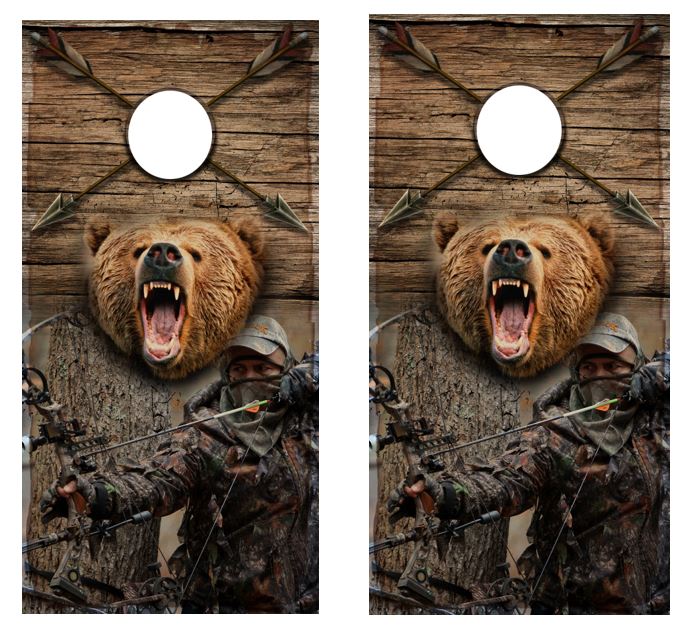Bow Hunter With Bear Cornhole Design
