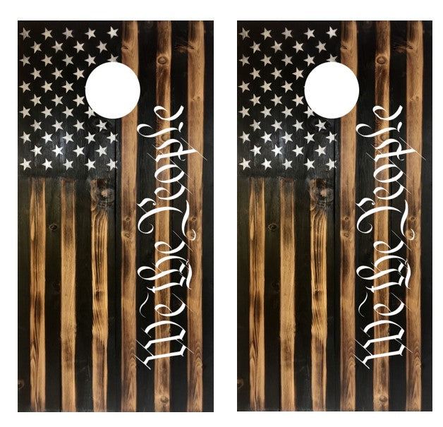 We The People Rustic Flag Cornhole Wrap Decal with Free Laminate Included