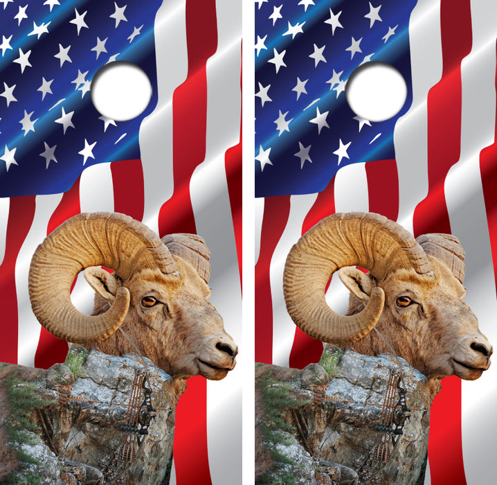 Big Horn Sheep Hunter Cornhole Wrap Decal with Free Laminate Included