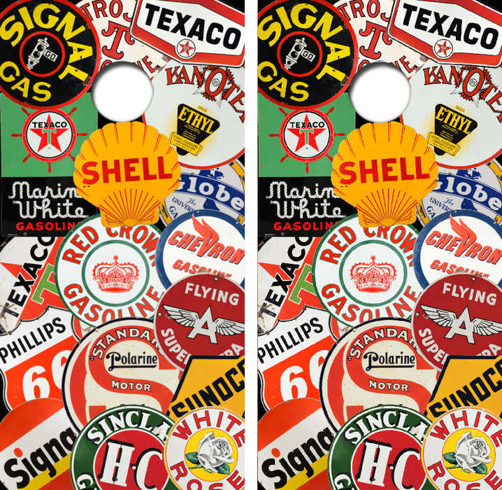 Retro Gas Company Signs Collage Cornhole Wrap Decal with Free Laminate Included