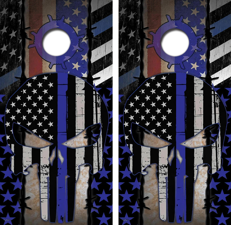 Blue Lives Matter Punisher Skull Cornhole Design