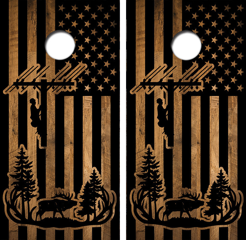 Elk Hunting Lineman American Flag Cornhole Design