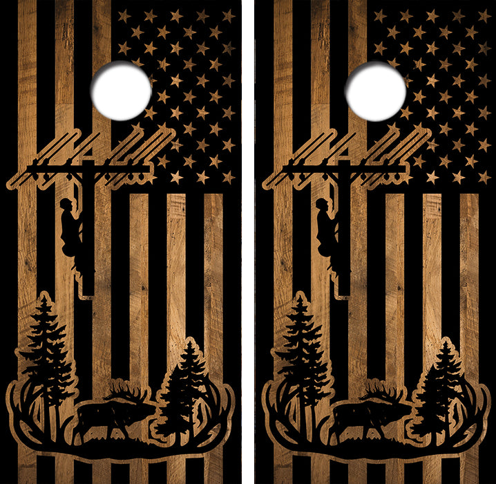 Elk Hunting Lineman American Flag Cornhole Wrap Decal with Free Laminate Included