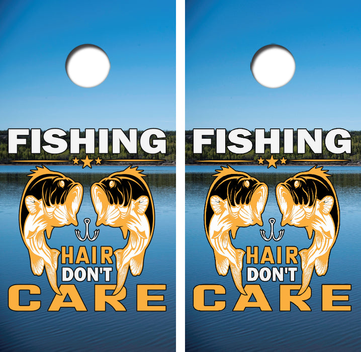 Fishing Hair Don't Care Cornhole Wrap Decal with Free Laminate Included