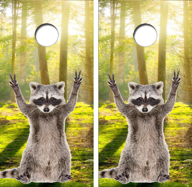 Peace Sign Raccoon Cornhole Design