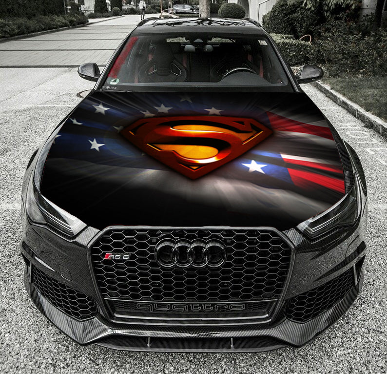 Super Man American Flag Hood Wrap Vinyl Graphic Decal Sticker Wrap Car or Truck